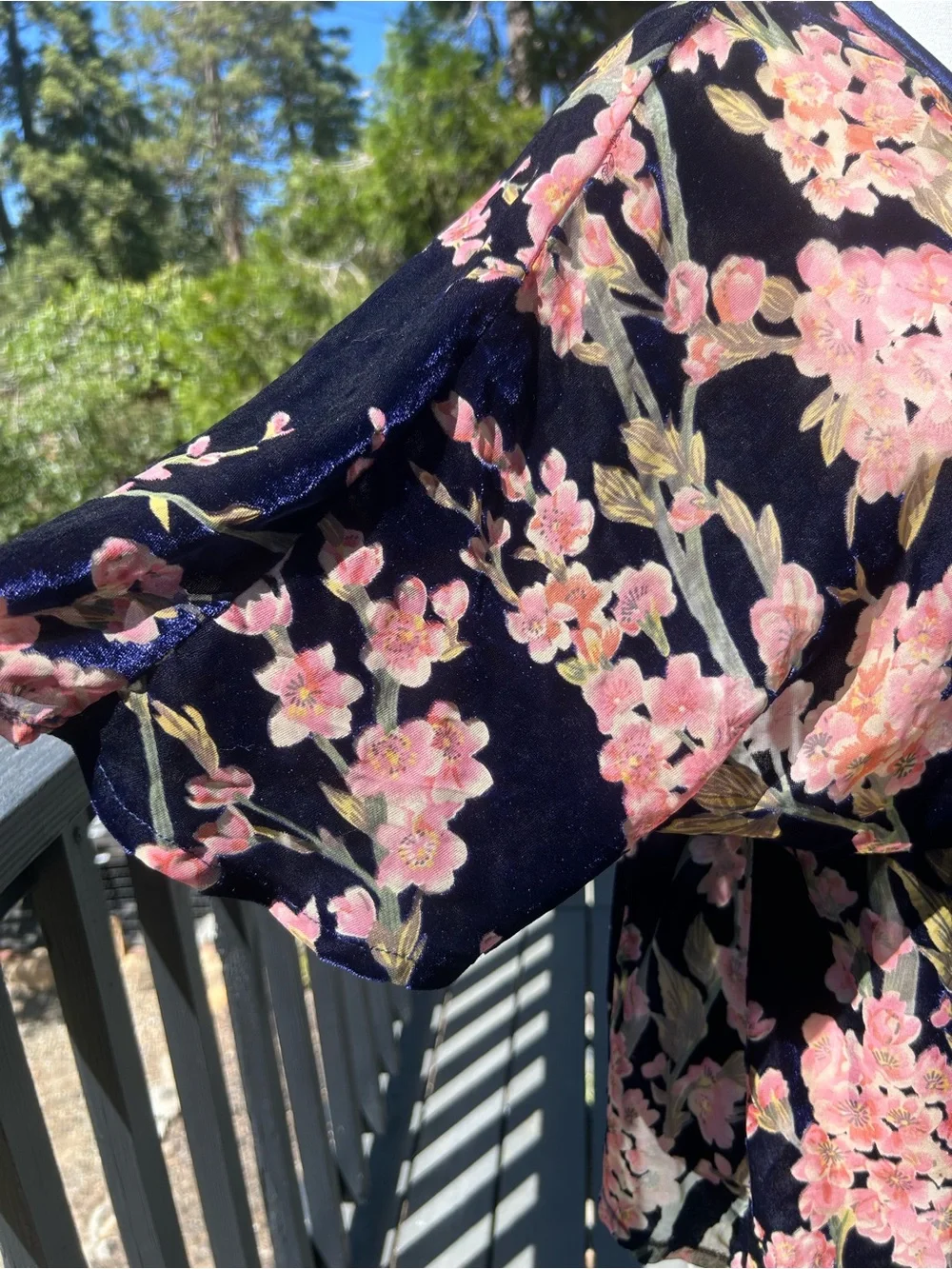 Nostalgia Velvet Floral Wrap Kimono Top Cherry Blossom Pink Navy Blue Size M
